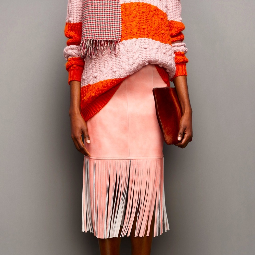 J.Crew Collection Fringe fringed suede leather skirt blush pink pastel r…